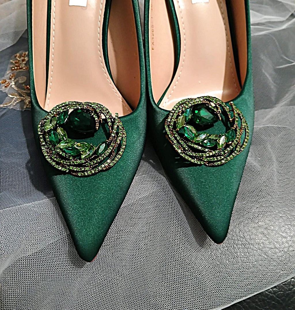Forest Green Satin Wedding Shoes with Clip & Clutch Set