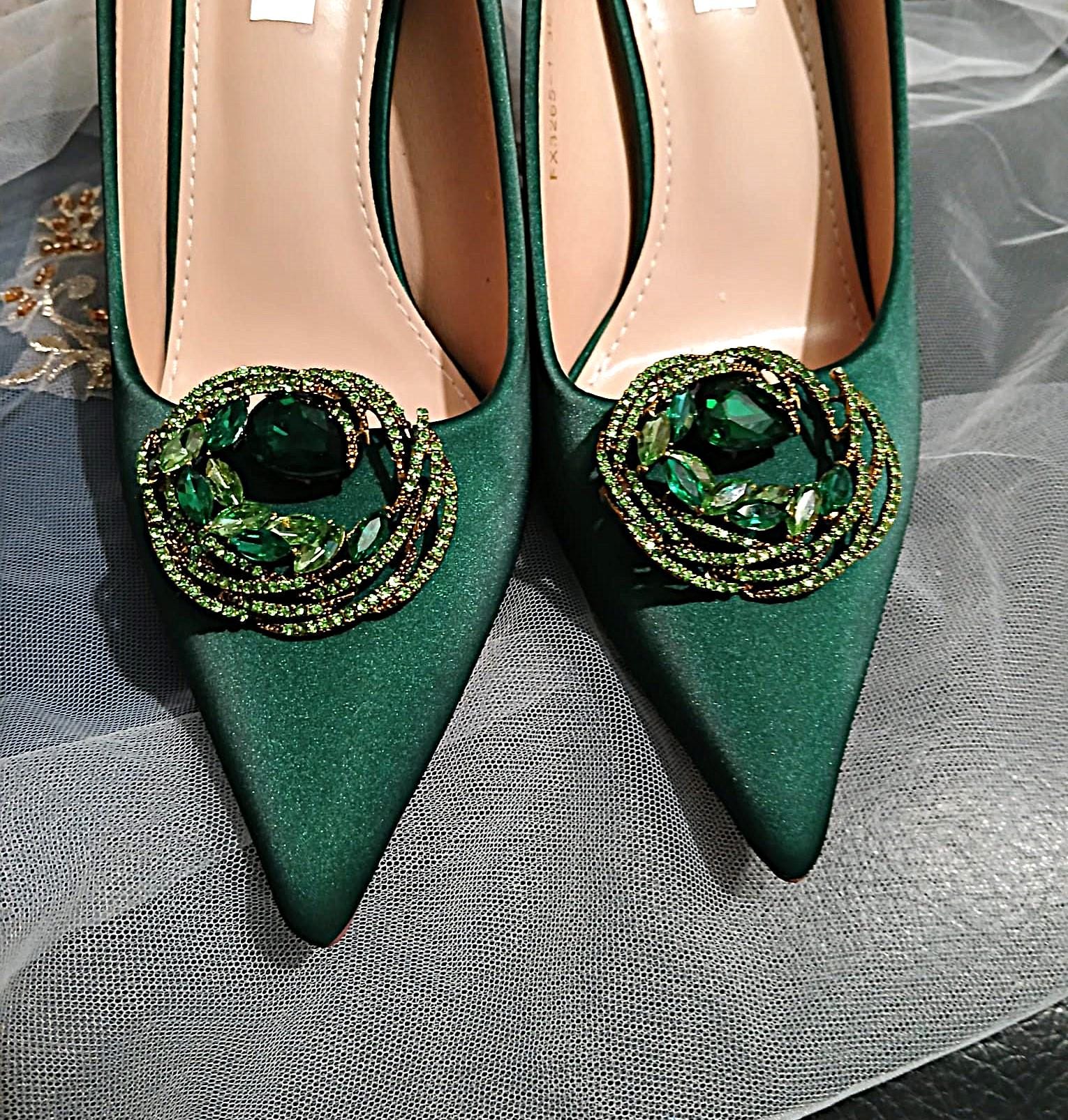 Forest Green Satin Wedding Shoes with Clip & Clutch Set