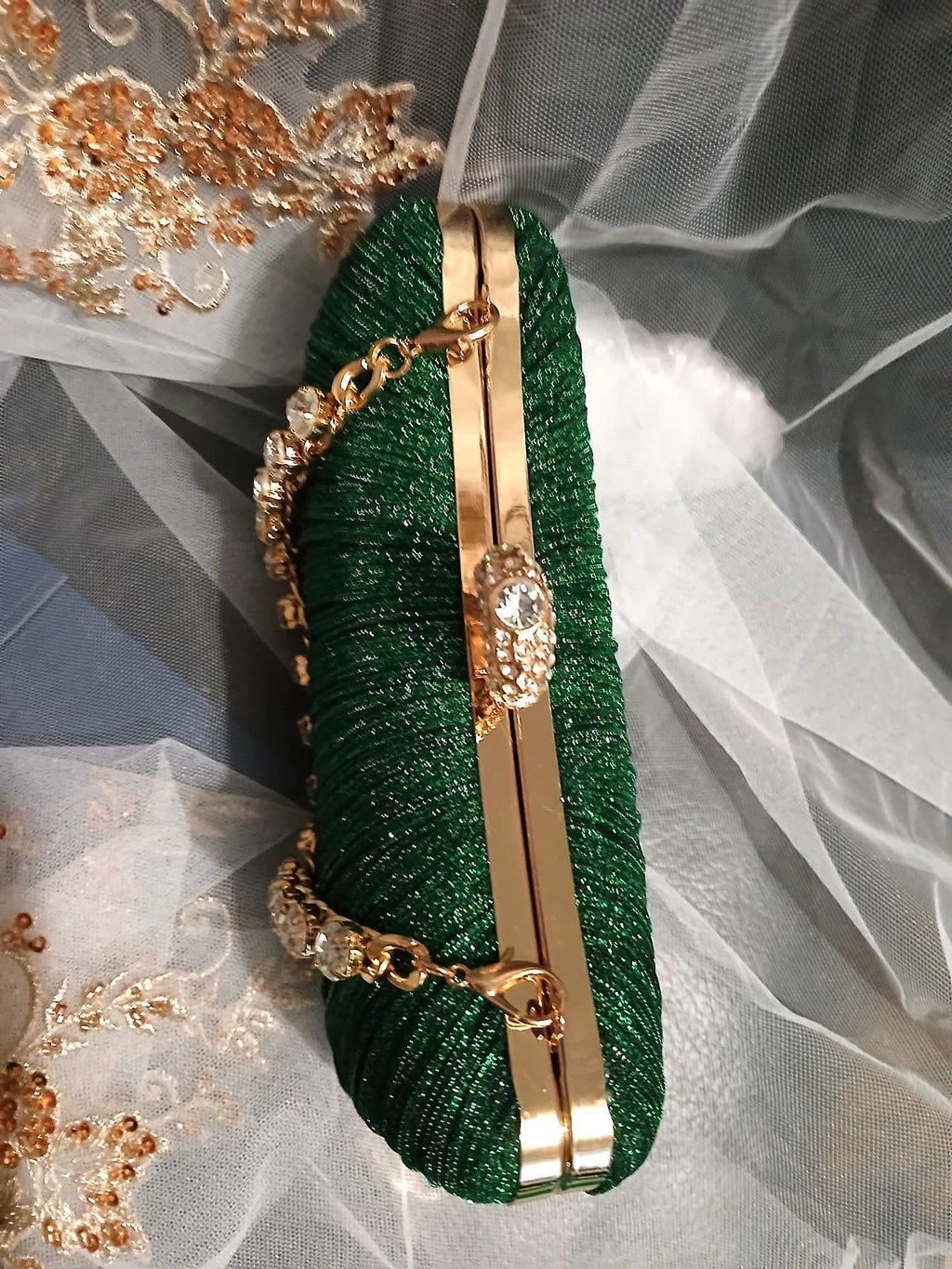 Forest Green Glitter Evening Clutch with Gold Hardware & Pearl Handle