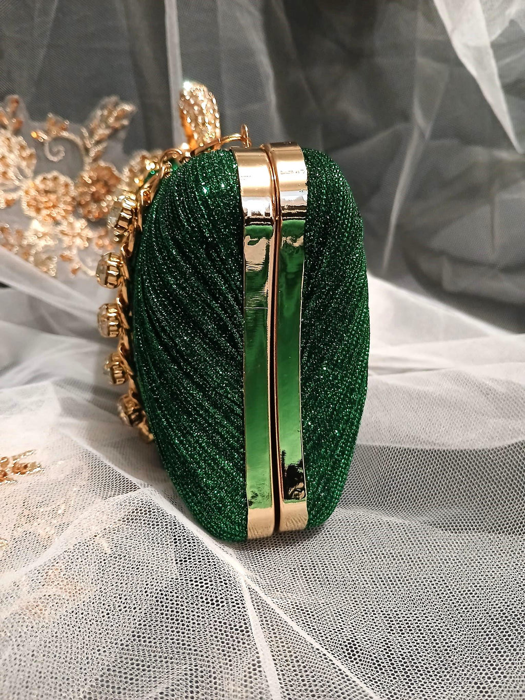 Forest Green Glitter Evening Clutch with Gold Hardware & Pearl Handle