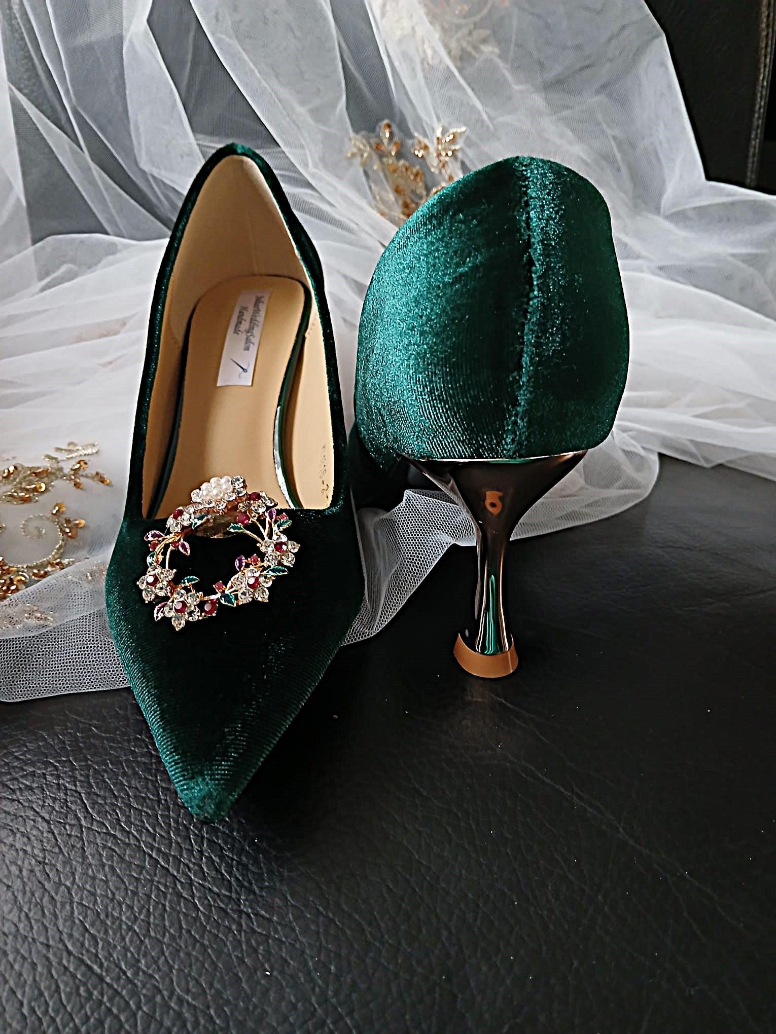 Forest Green Velvet Wedding Shoes with Clips & Clutch Bag
