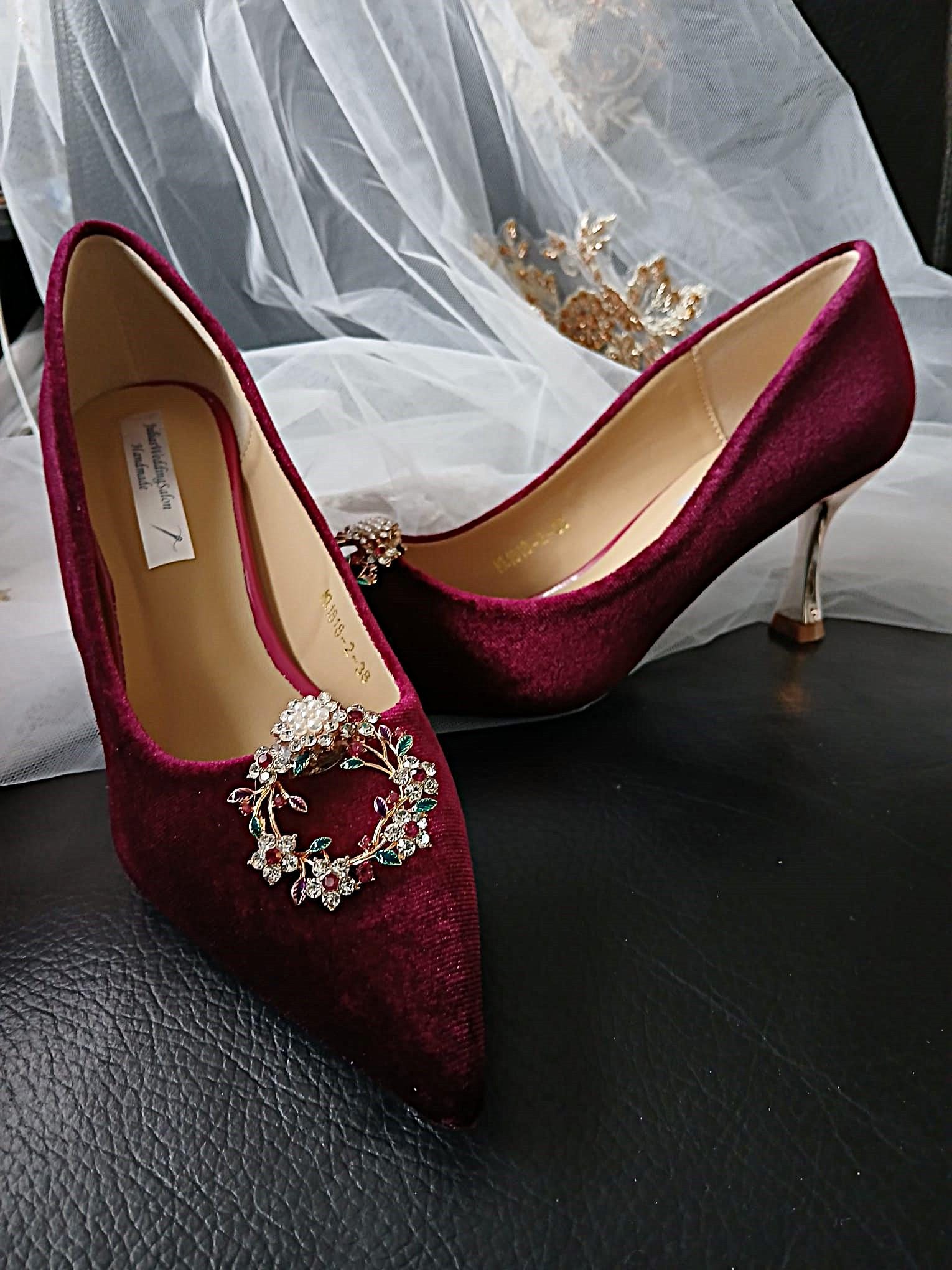 Burgundy Velvet Evening Shoes with Clips & Matching Clutch