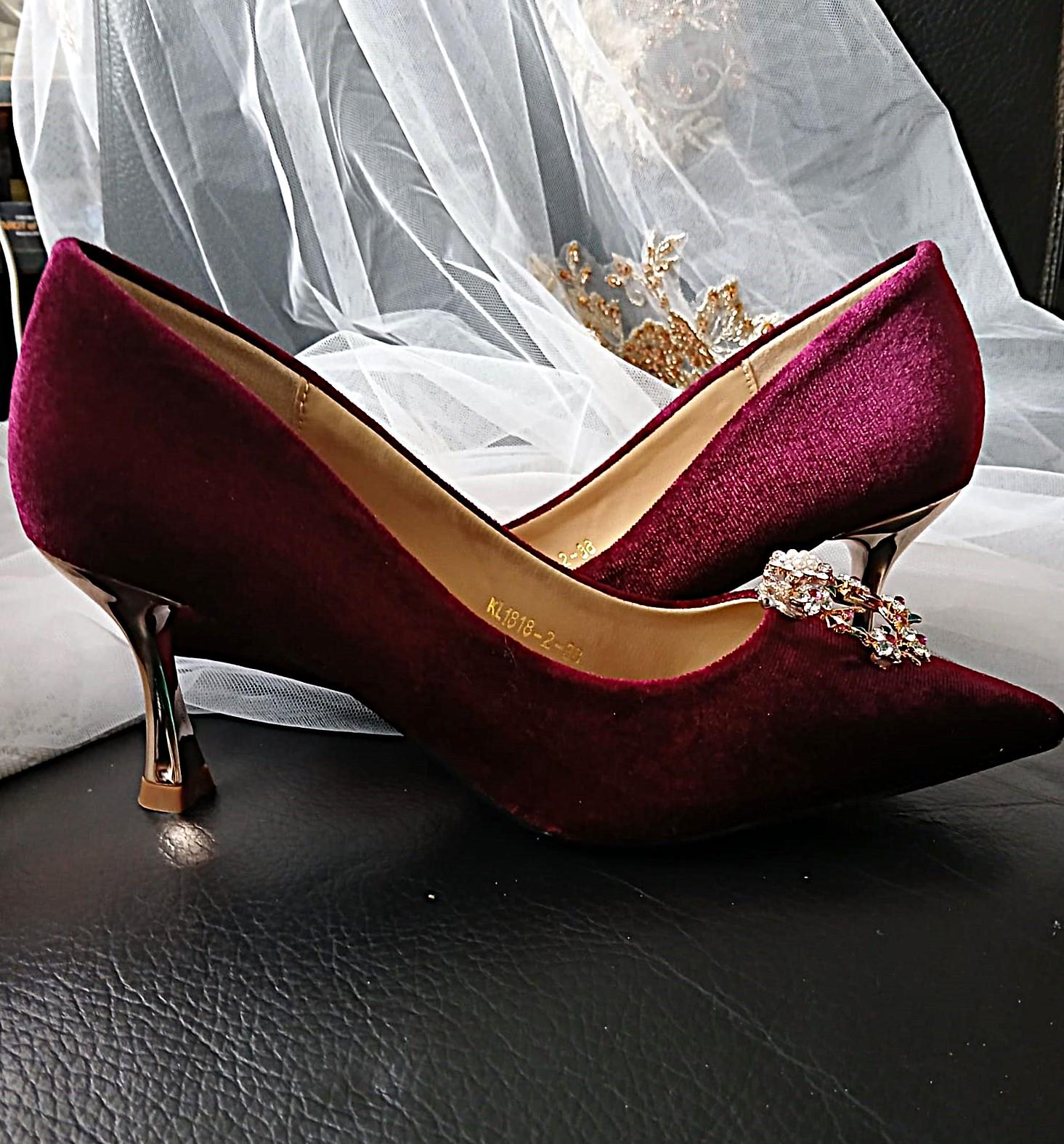 Burgundy Velvet Evening Shoes with Clips & Matching Clutch