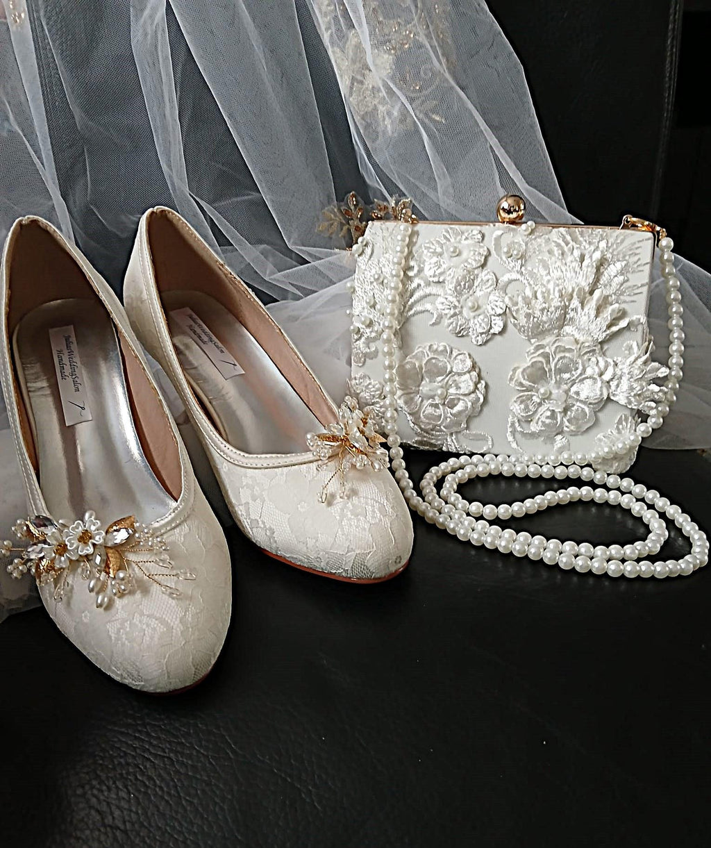 Ivory Lace Wedding Shoes with Clips & Matching Bag: Bridal Footwear Set