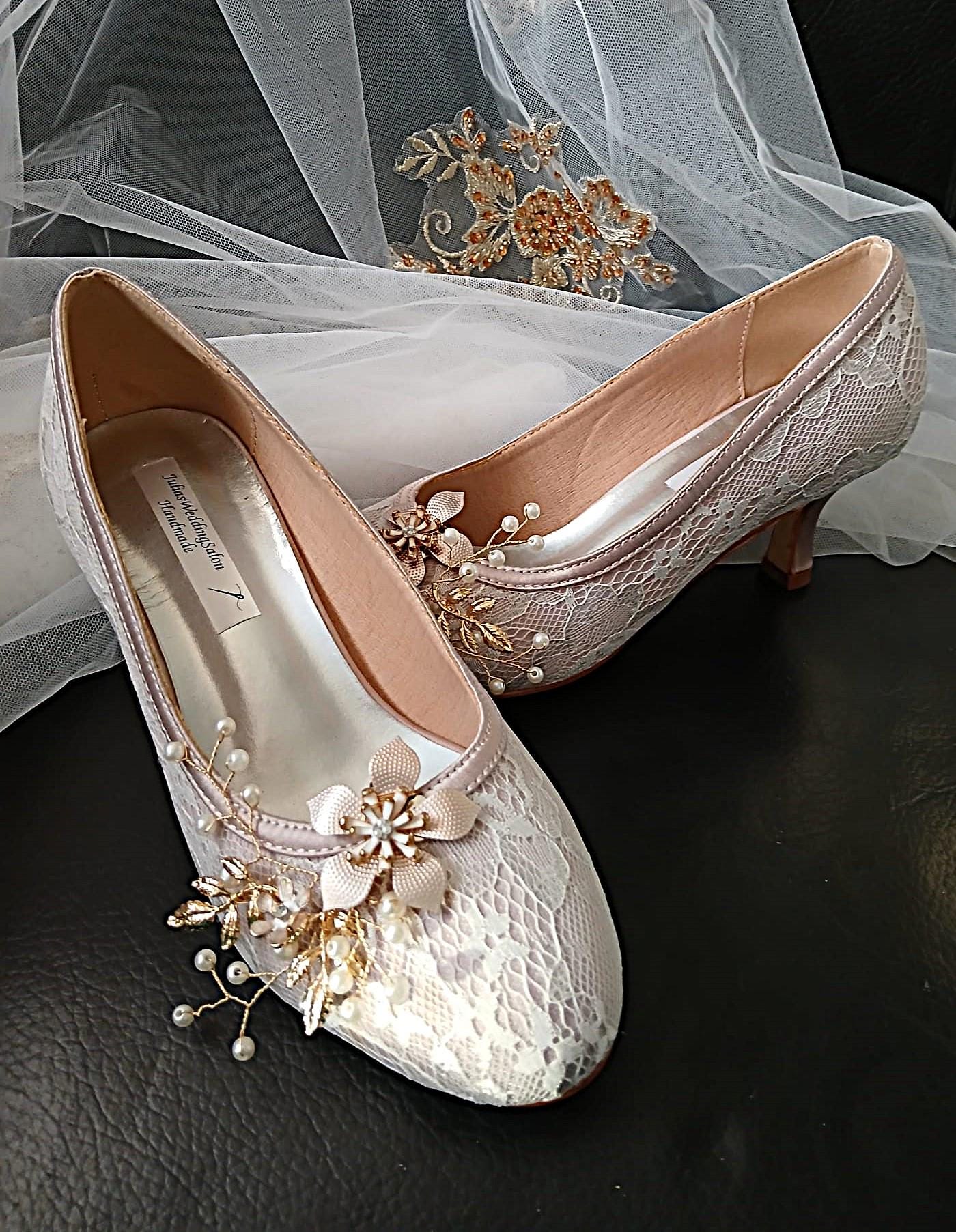 Nude Lace Wedding Shoes with Clips and Matching Bag