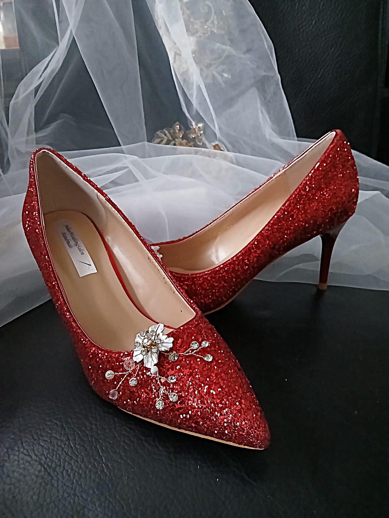 Red Glitter Wedding Shoes with Clips & Matching Clutch