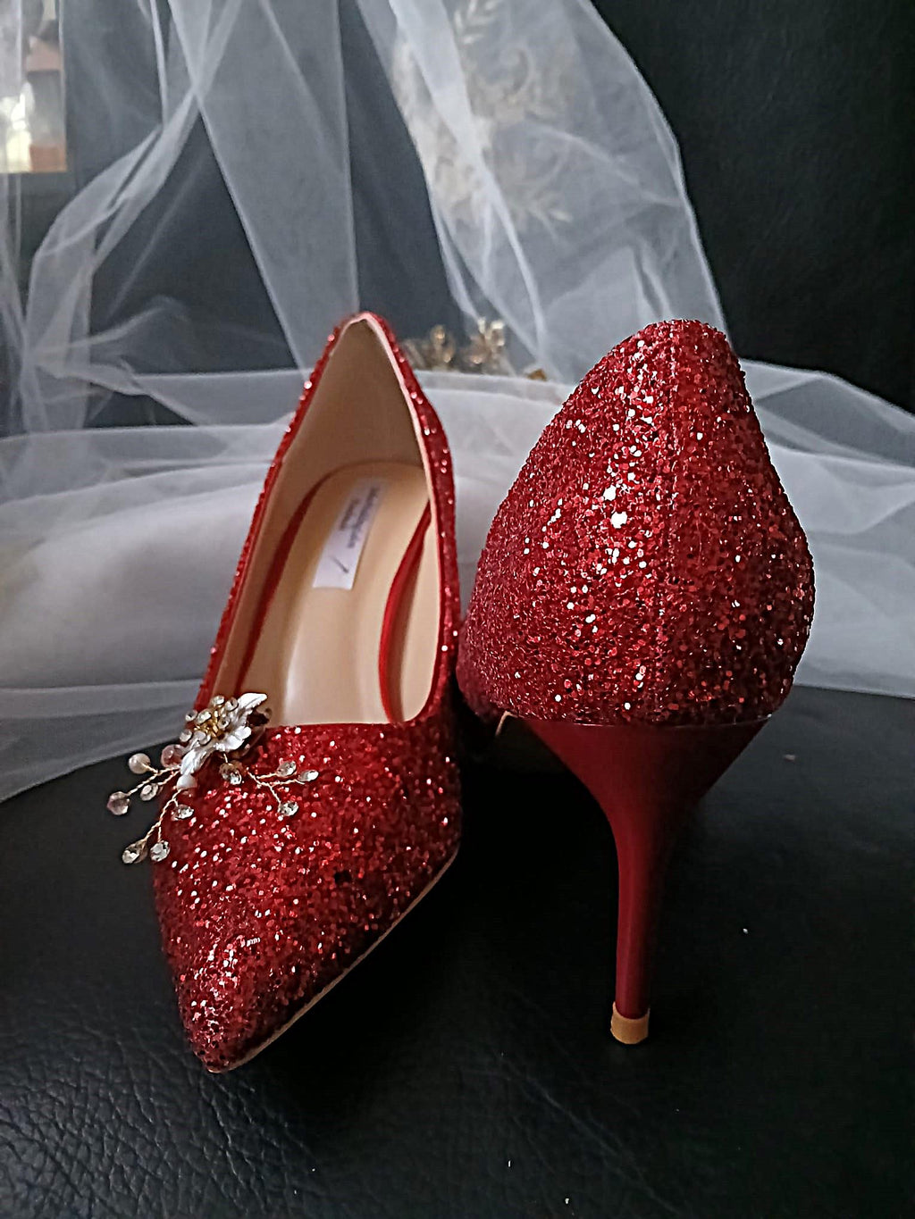 Red Glitter Wedding Shoes with Clips & Matching Clutch