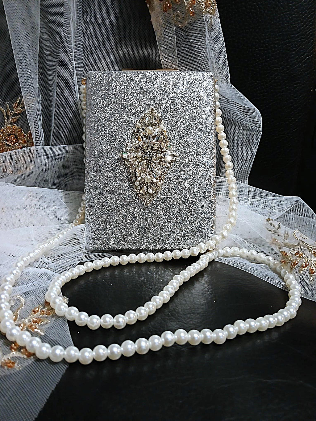 Glitter Silver Evening Clutch Bag With Pearl Handle,Wedding Handbag For Bride Or Bridesmaid