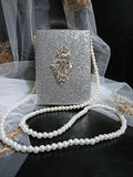 Glitter Silver Evening Clutch Bag With Pearl Handle,Wedding Handbag For Bride Or Bridesmaid