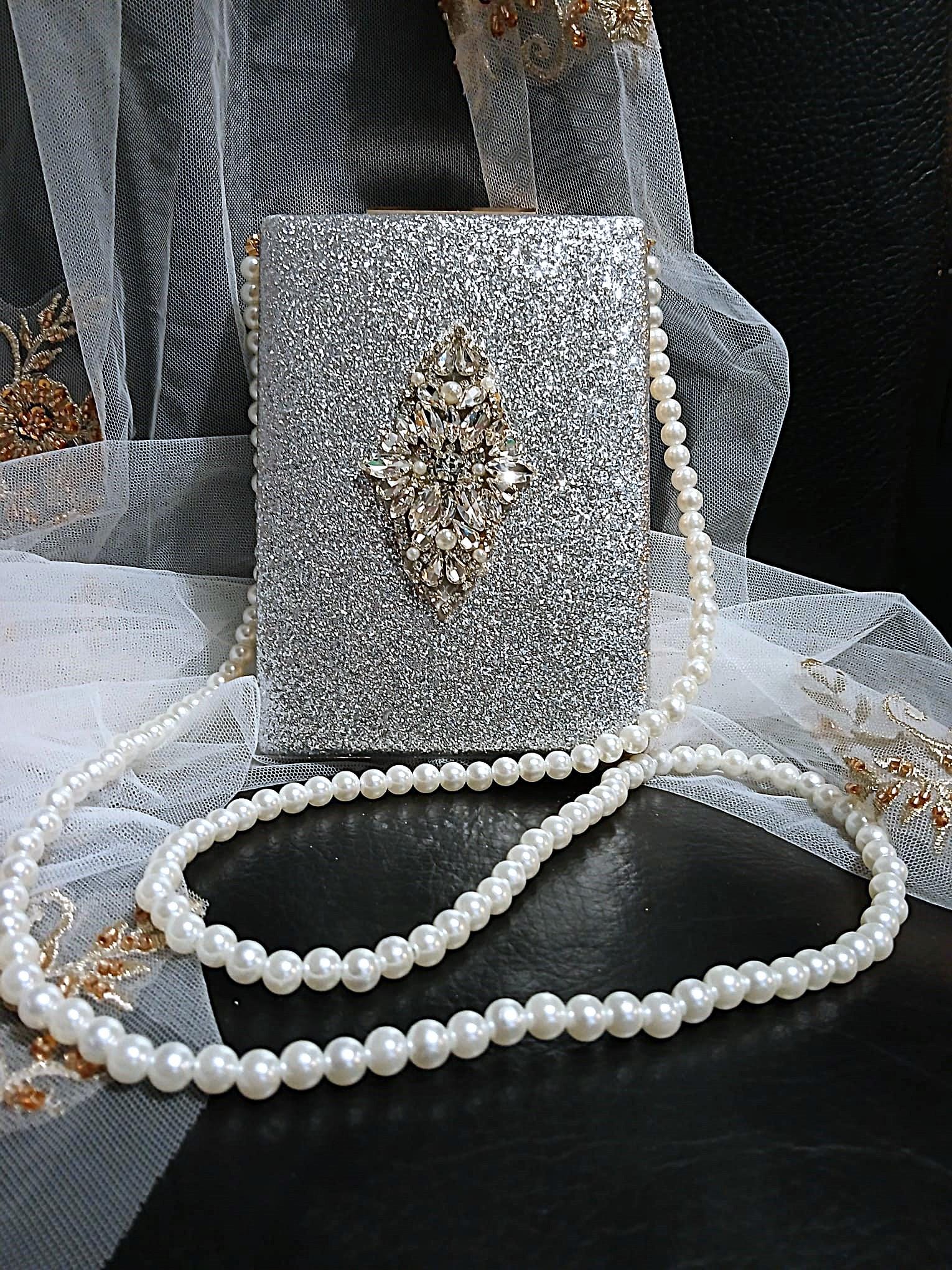Glitter Silver Evening Clutch Bag With Pearl Handle,Wedding Handbag For Bride Or Bridesmaid