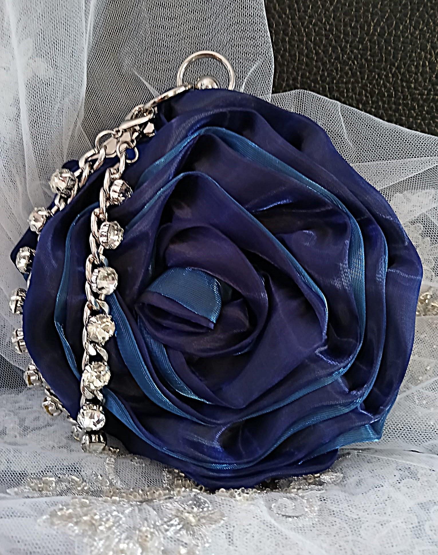 New Sapphire Blue Organza Flower Clutch With Silver Crystal Handle - Wedding Evening Bag