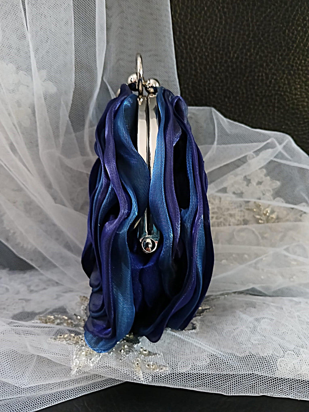 New Sapphire Blue Organza Flower Clutch With Silver Crystal Handle - Wedding Evening Bag