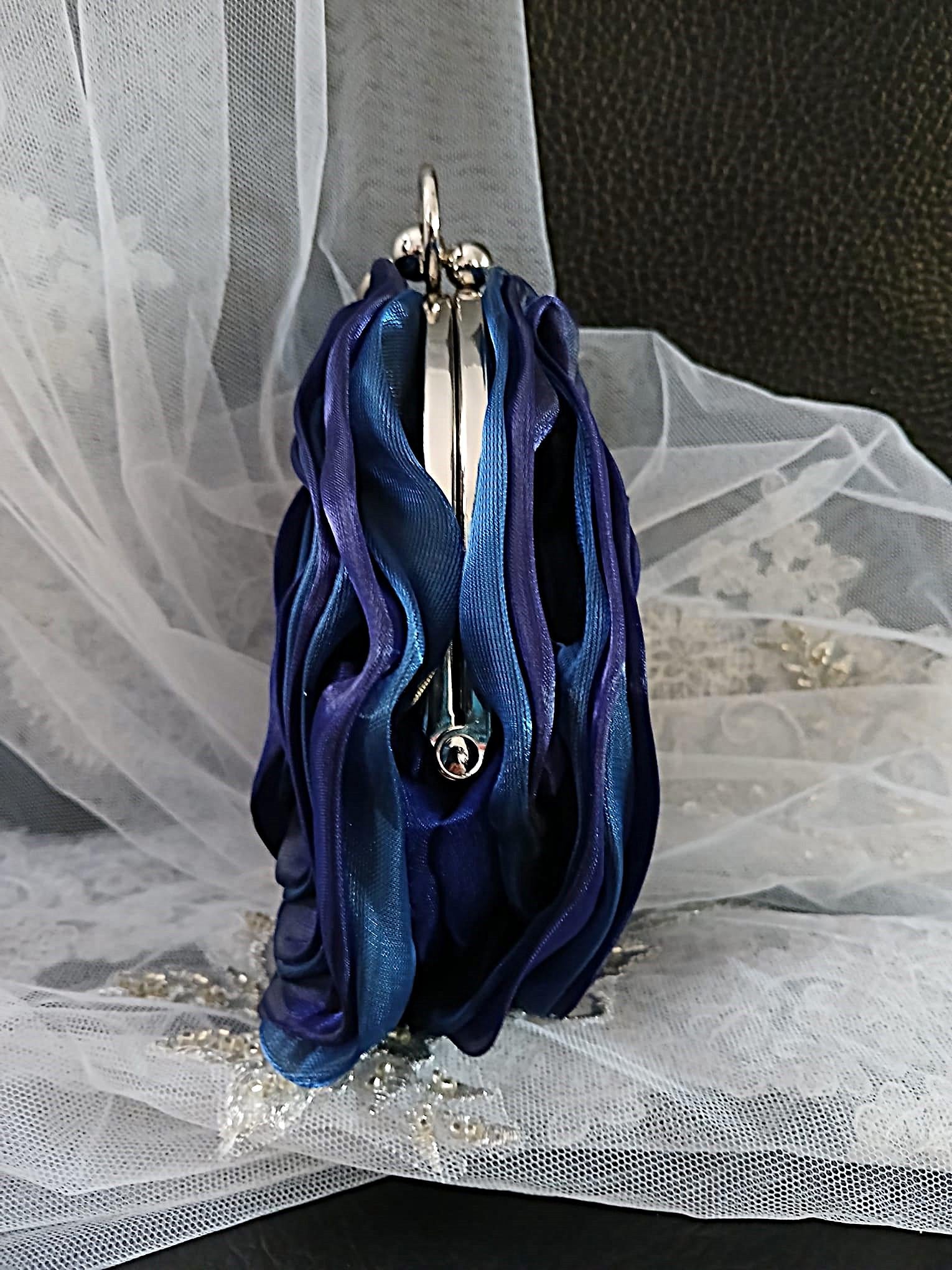 New Sapphire Blue Organza Flower Clutch With Silver Crystal Handle - Wedding Evening Bag