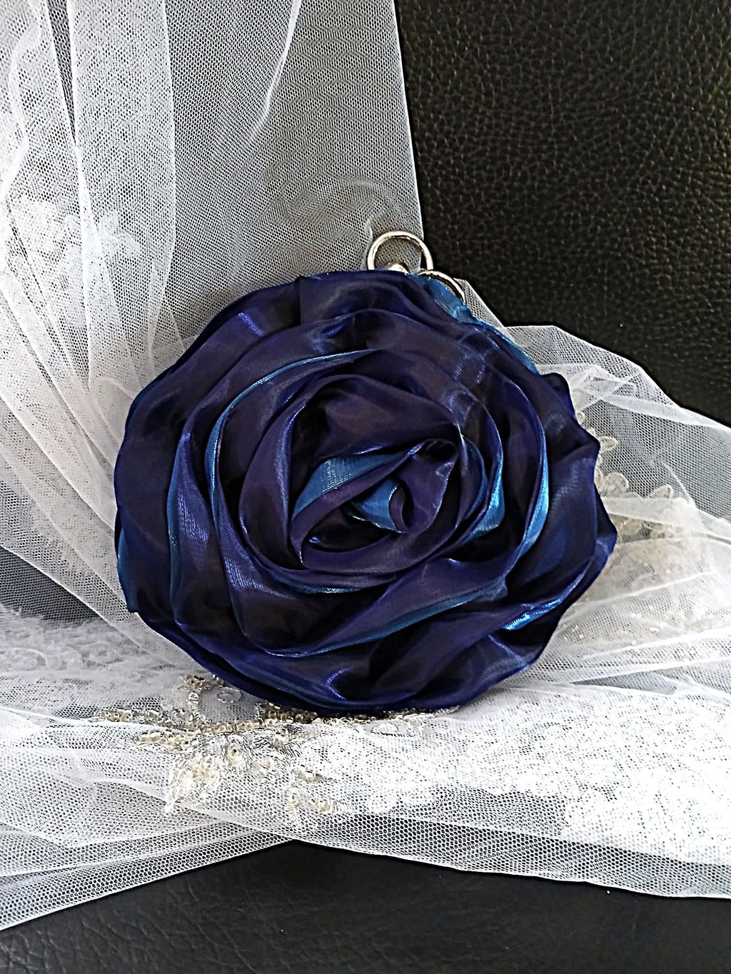 New Sapphire Blue Organza Flower Clutch With Silver Crystal Handle - Wedding Evening Bag