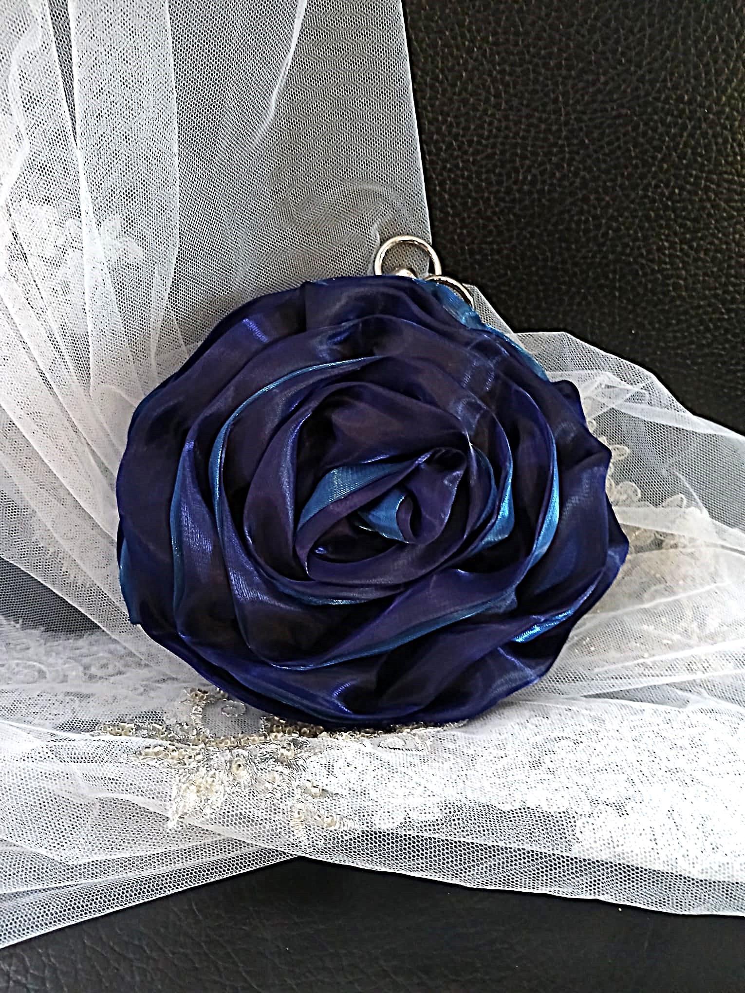 New Sapphire Blue Organza Flower Clutch With Silver Crystal Handle - Wedding Evening Bag