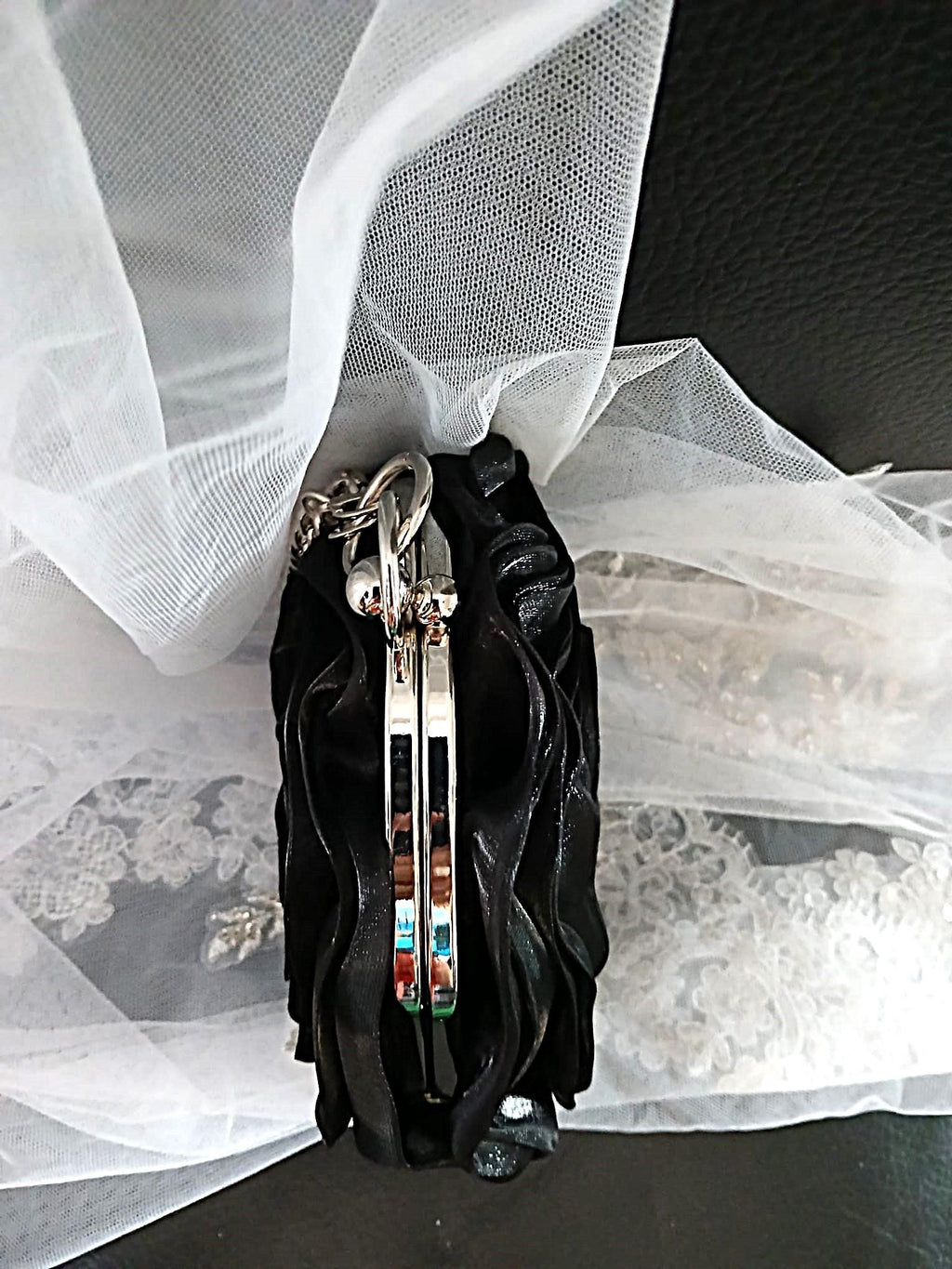 Black Organza Flower Clutch Bag: Silver Crystal Handle, Wedding Evening Bag