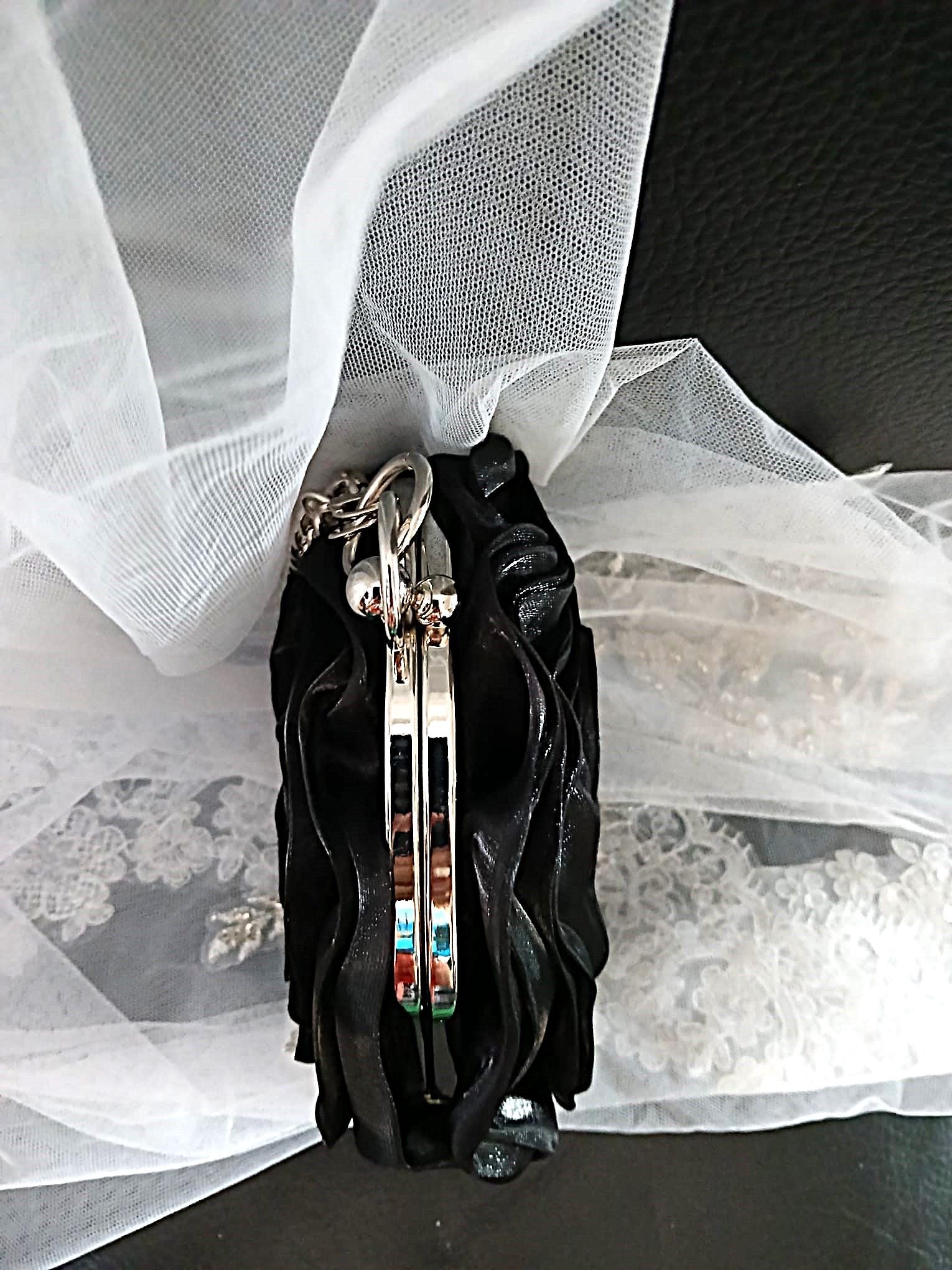 Black Organza Flower Clutch Bag: Silver Crystal Handle, Wedding Evening Bag