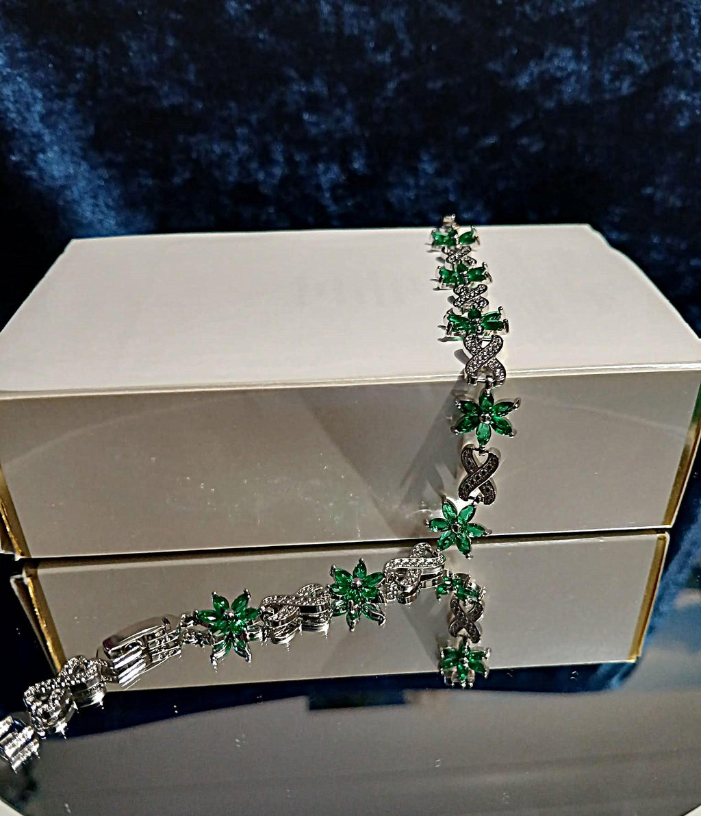Emerald Green Floral Bracelet: Silver Setting, Formal Jewelry