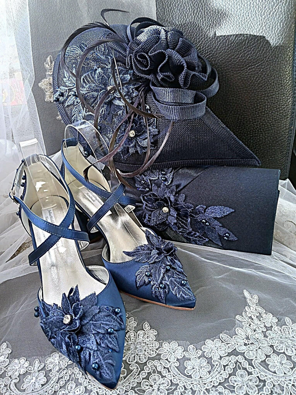 Navy Blue Satin Shoe Set: Handmade Clutch & Hat, Formal Accessory