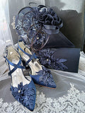 New Navy Blue Satin Floral Block Heel Shoe Set: Hat and Clutch, Formal Event Footwear
