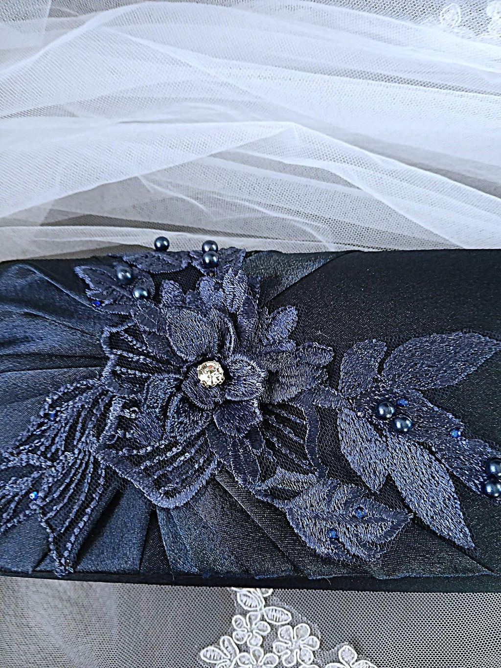 Bestseller! Navy Blue Satin Clutch Bag: Floral Wedding Handbag with Chain