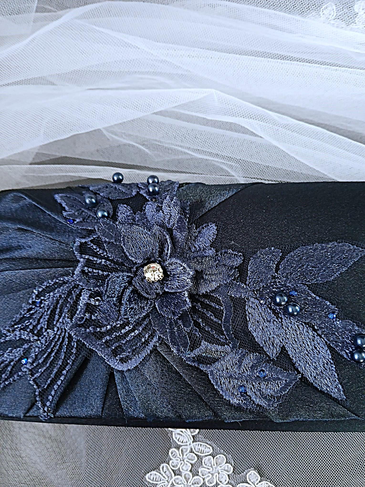 Bestseller! Navy Blue Satin Clutch Bag: Floral Wedding Handbag with Chain