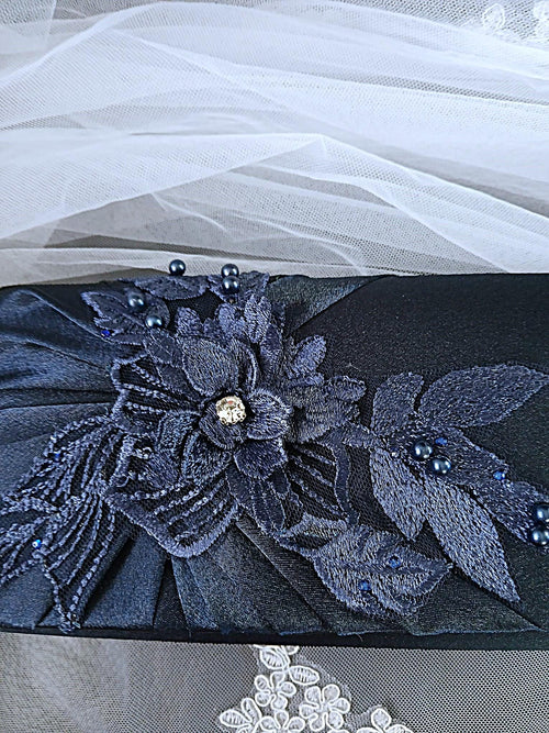 Bestseller! Navy Blue Satin Clutch Bag: Floral Wedding Handbag with Chain