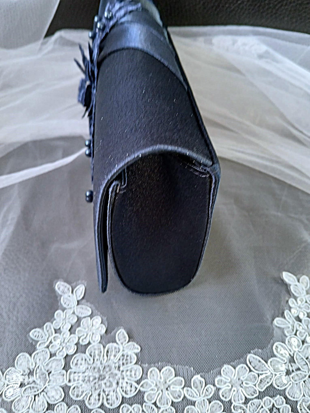 Bestseller! Navy Blue Satin Clutch Bag: Floral Wedding Handbag with Chain