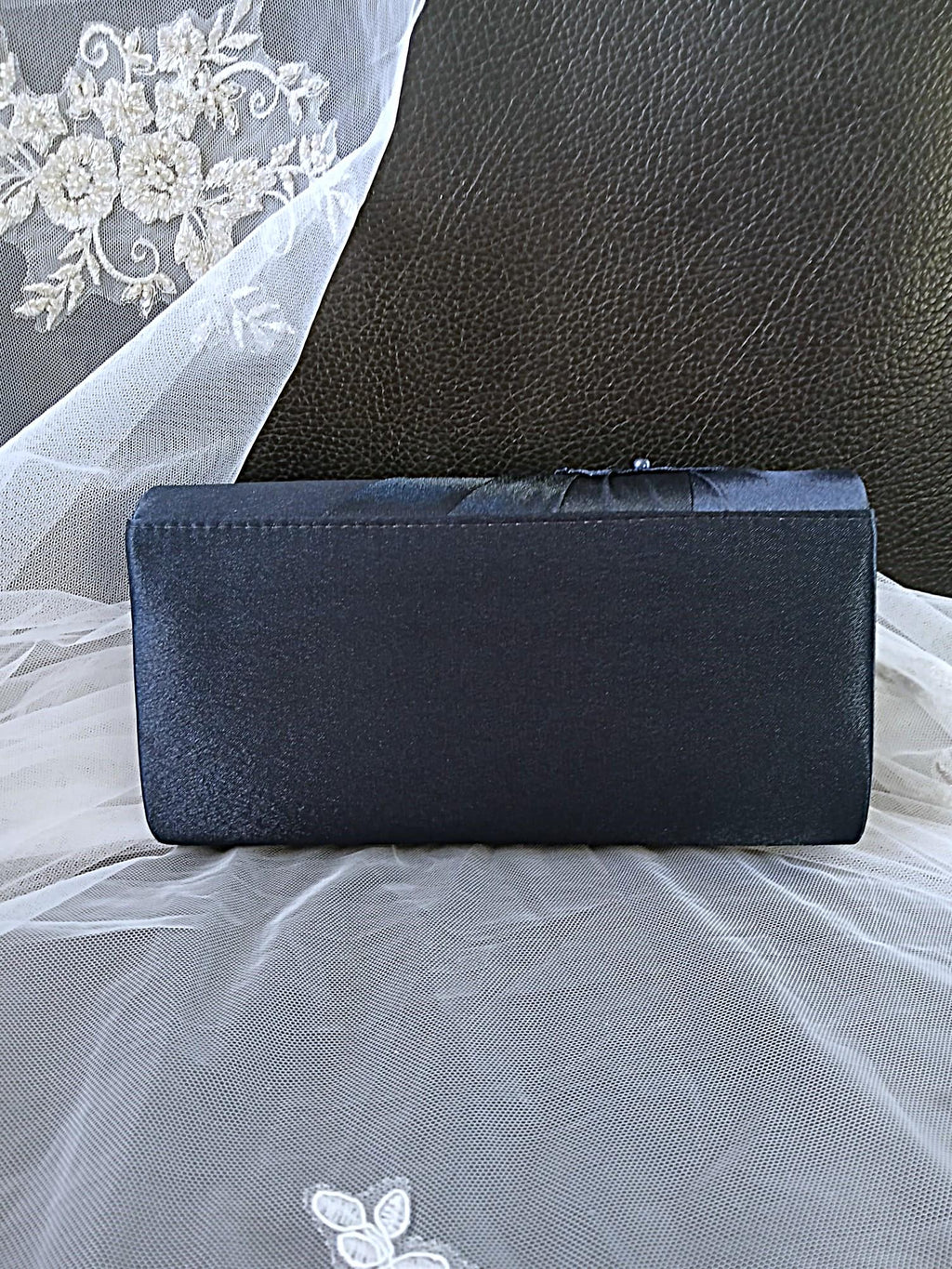 Bestseller! Navy Blue Satin Clutch Bag: Floral Wedding Handbag with Chain
