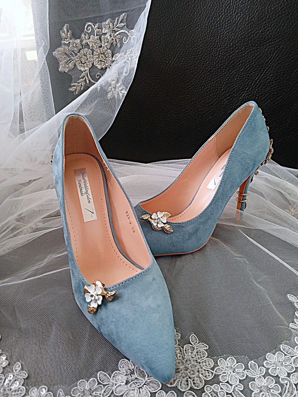 Floral High Heel Sandal & Gold Glitter Clutch Set: Light Blue Formal Footwear