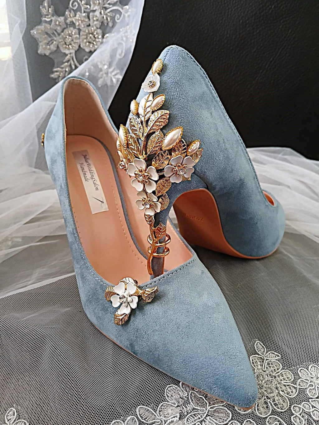 Floral High Heel Sandal & Gold Glitter Clutch Set: Light Blue Formal Footwear