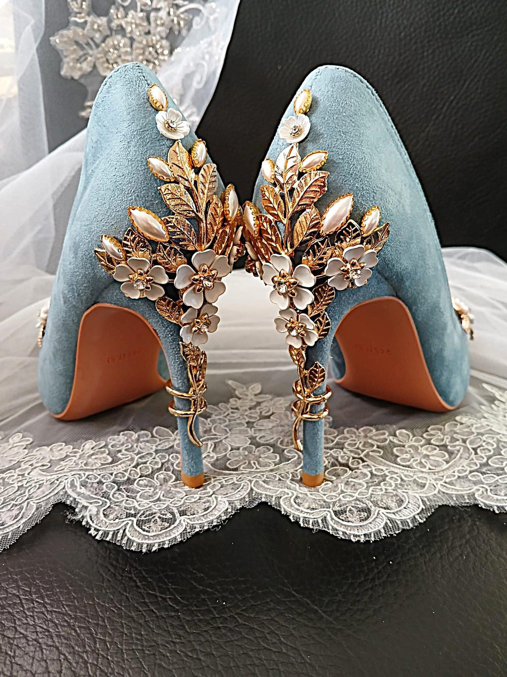 Floral High Heel Sandal & Gold Glitter Clutch Set: Light Blue Formal Footwear