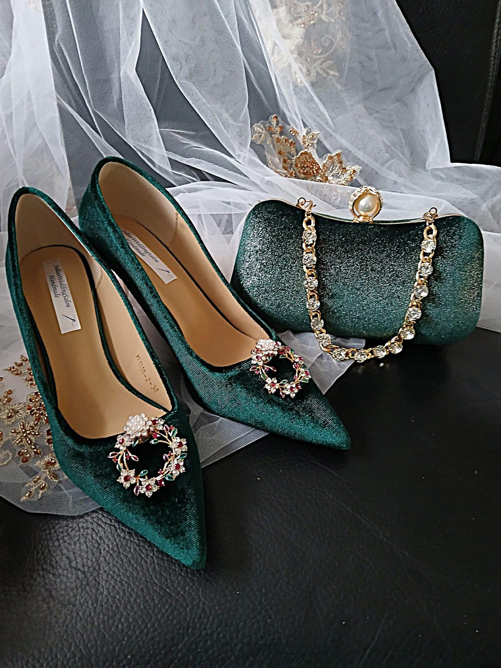Forest Green Velvet Wedding Shoes with Clips & Clutch Bag