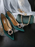 Forest Green Velvet Wedding Shoes with Clips & Clutch Bag