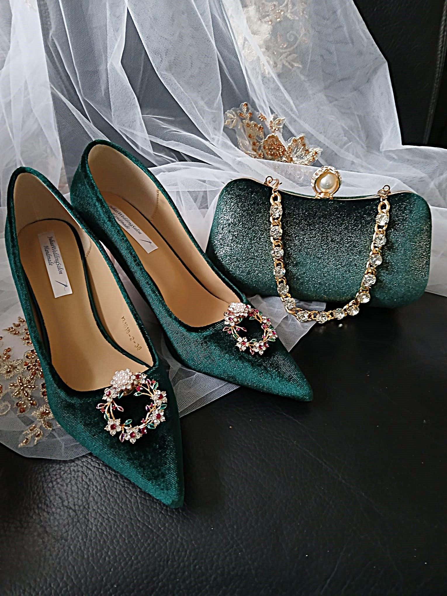 Forest Green Velvet Wedding Shoes with Clips & Clutch Bag