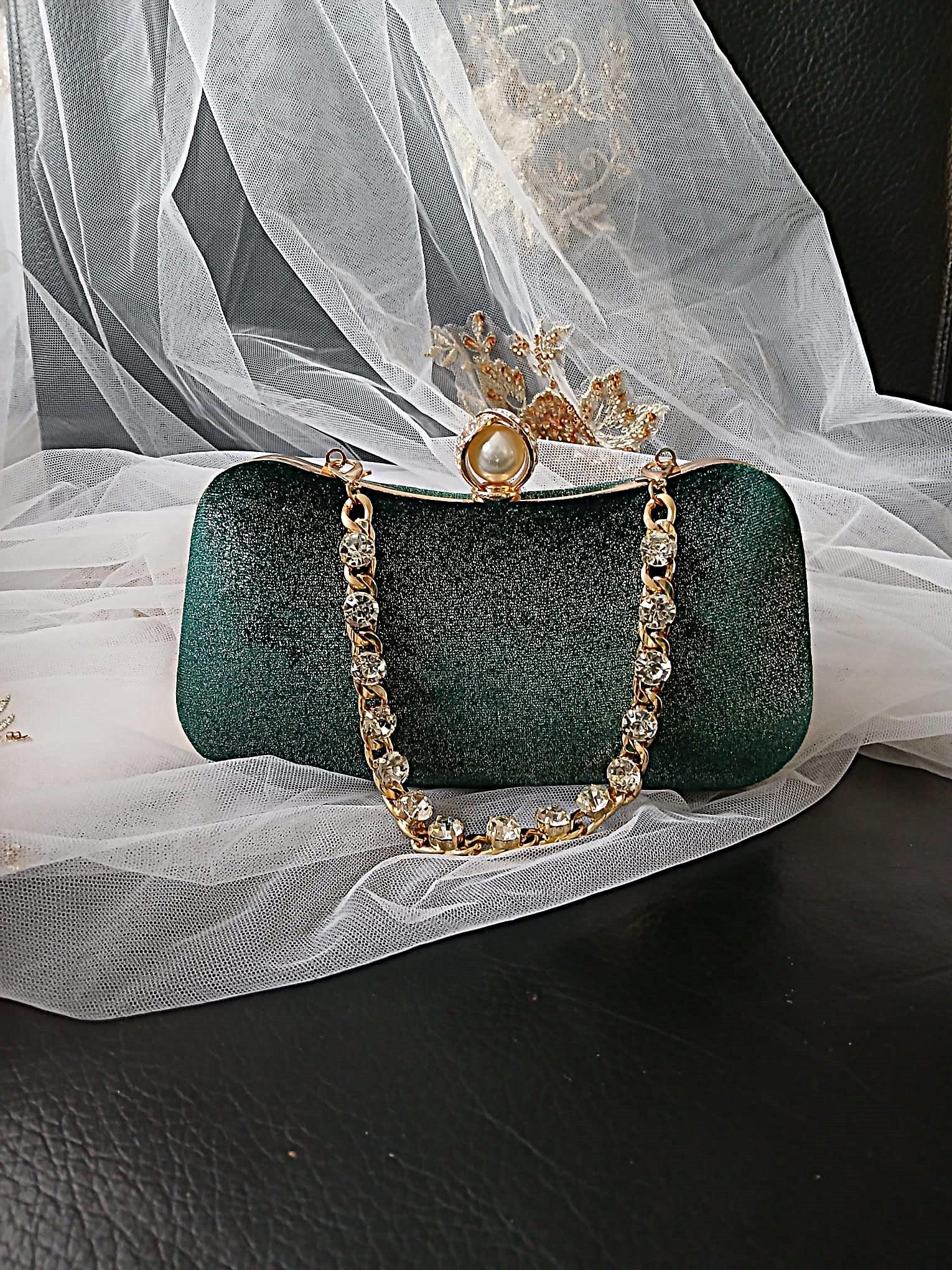 Forest Green Velvet Wedding Shoes with Clips & Clutch Bag