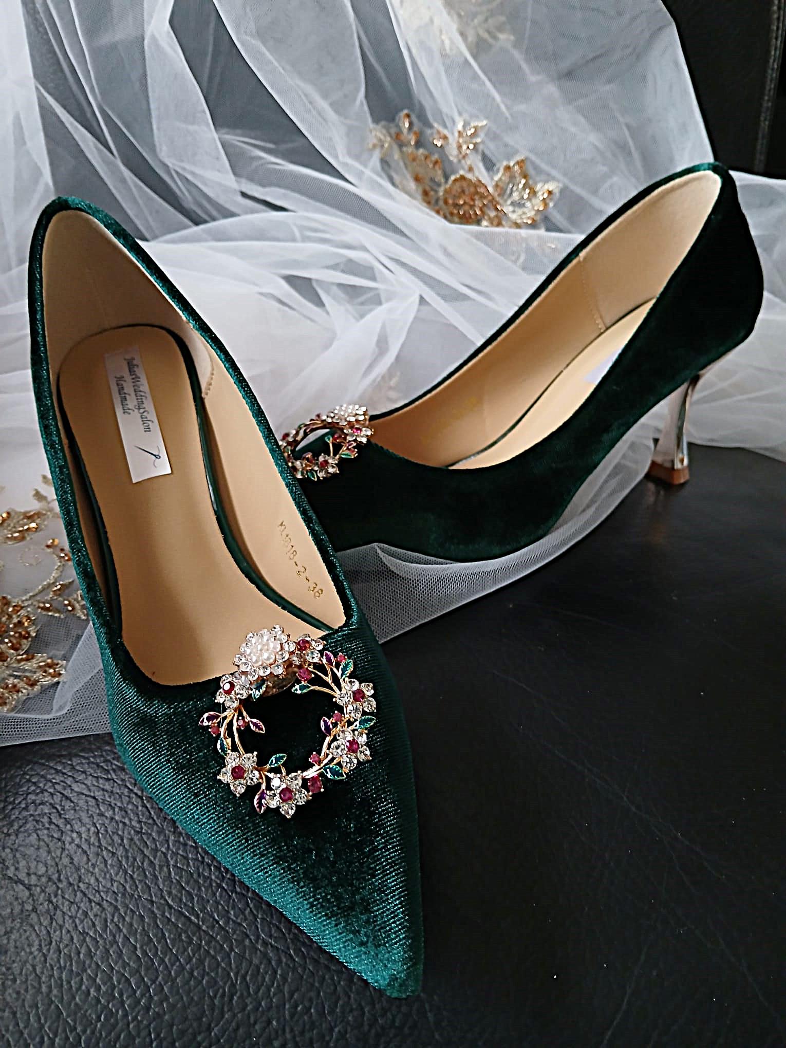 Forest Green Velvet Wedding Shoes with Clips & Clutch Bag
