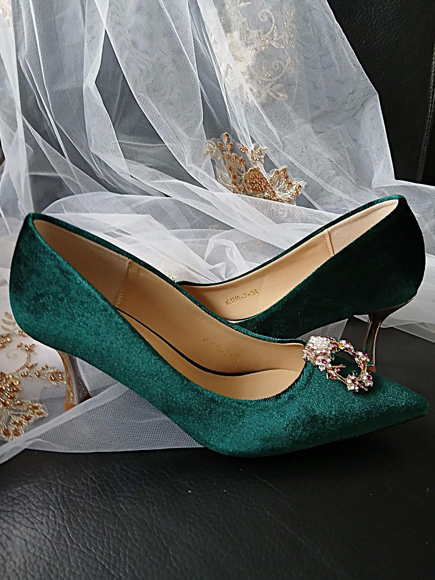 Forest Green Velvet Wedding Shoes with Clips & Clutch Bag