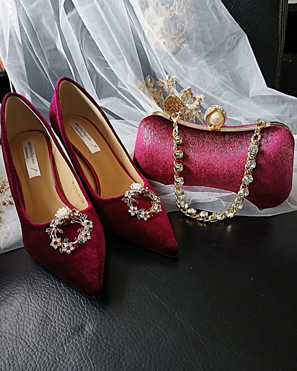 Burgundy Velvet Evening Shoes with Clips & Matching Clutch