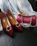 Burgundy Velvet Evening Shoes with Clips & Matching Clutch