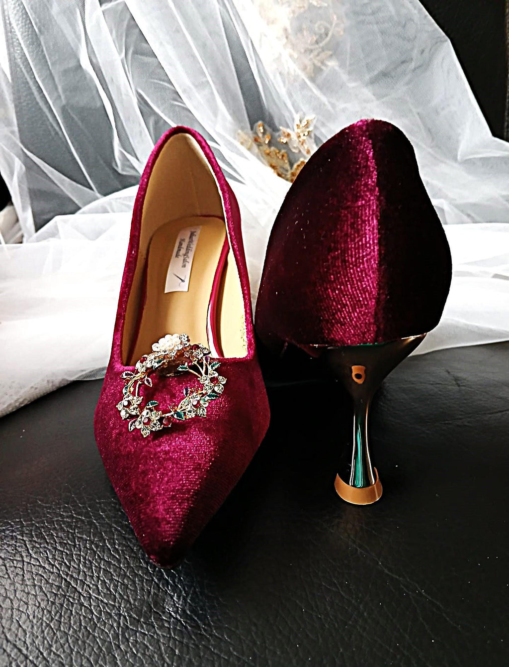 Burgundy Velvet Evening Shoes with Clips & Matching Clutch