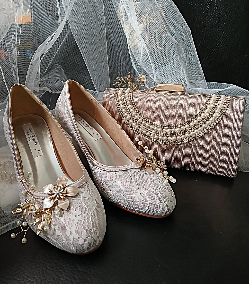 Nude Lace Wedding Shoes with Clips and Matching Bag