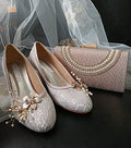 Nude Lace Wedding Shoes with Clips and Matching Bag