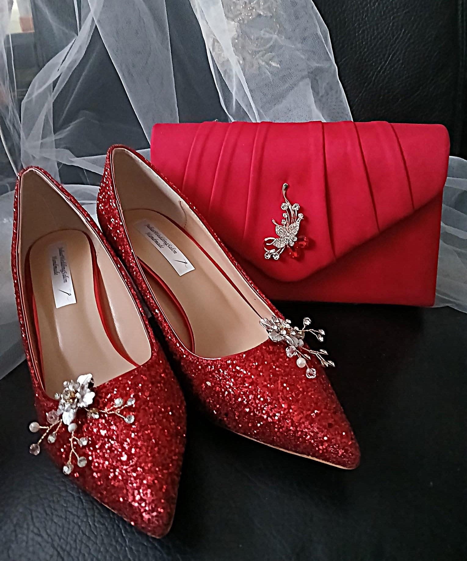 Red Glitter Wedding Shoes with Clips & Matching Clutch