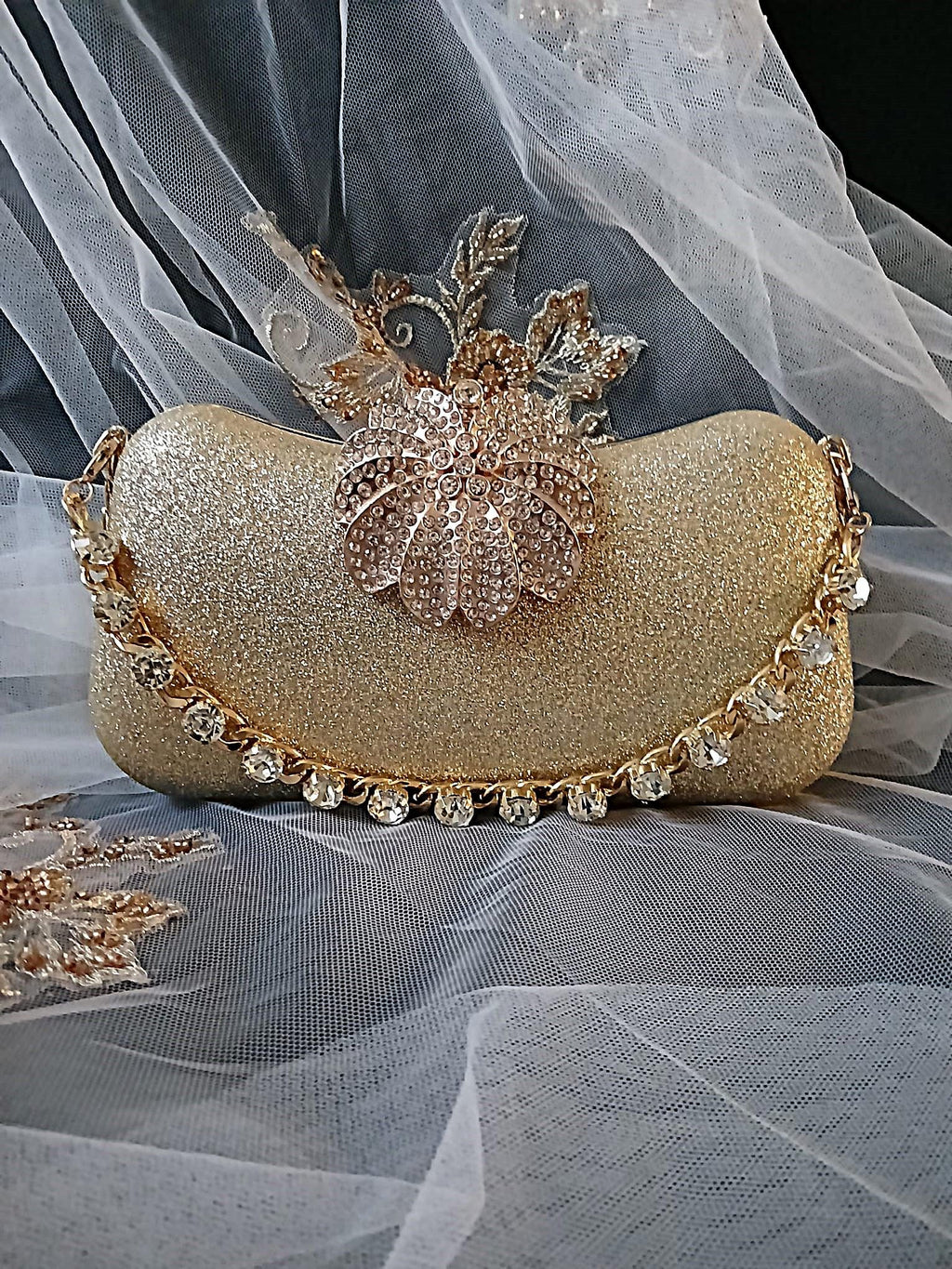 Gold Glitter Evening Clutch: Crystal Handle Bridal Handbag