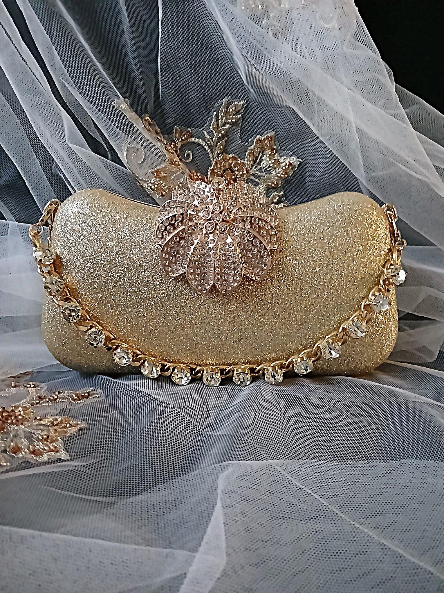 Gold Glitter Evening Clutch: Crystal Handle Bridal Handbag