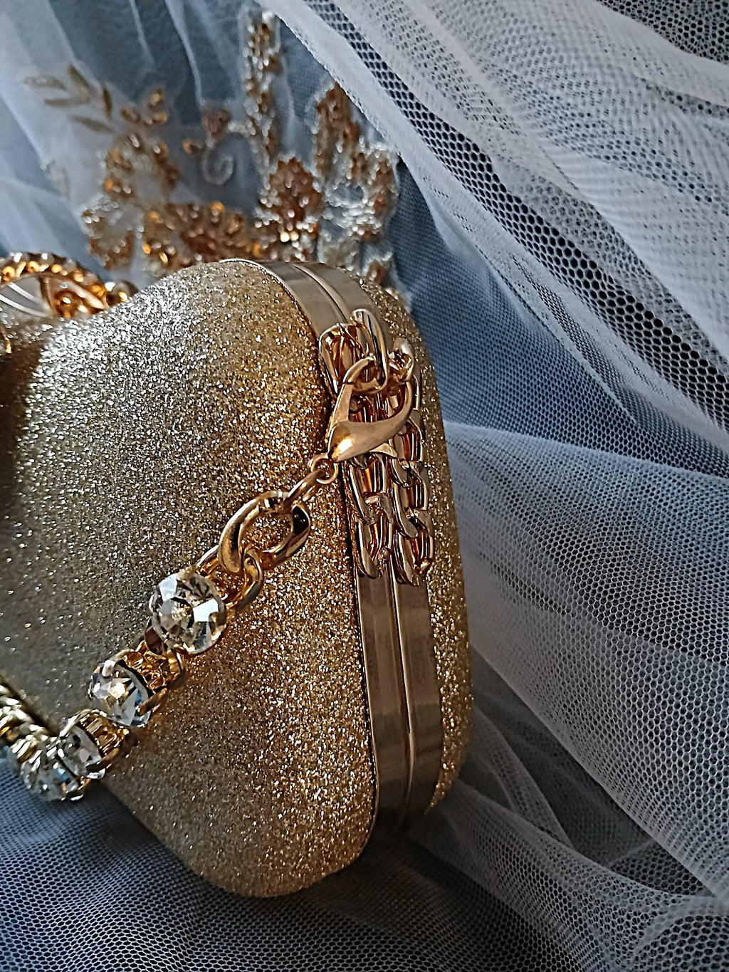 Gold Glitter Evening Clutch: Crystal Handle Bridal Handbag