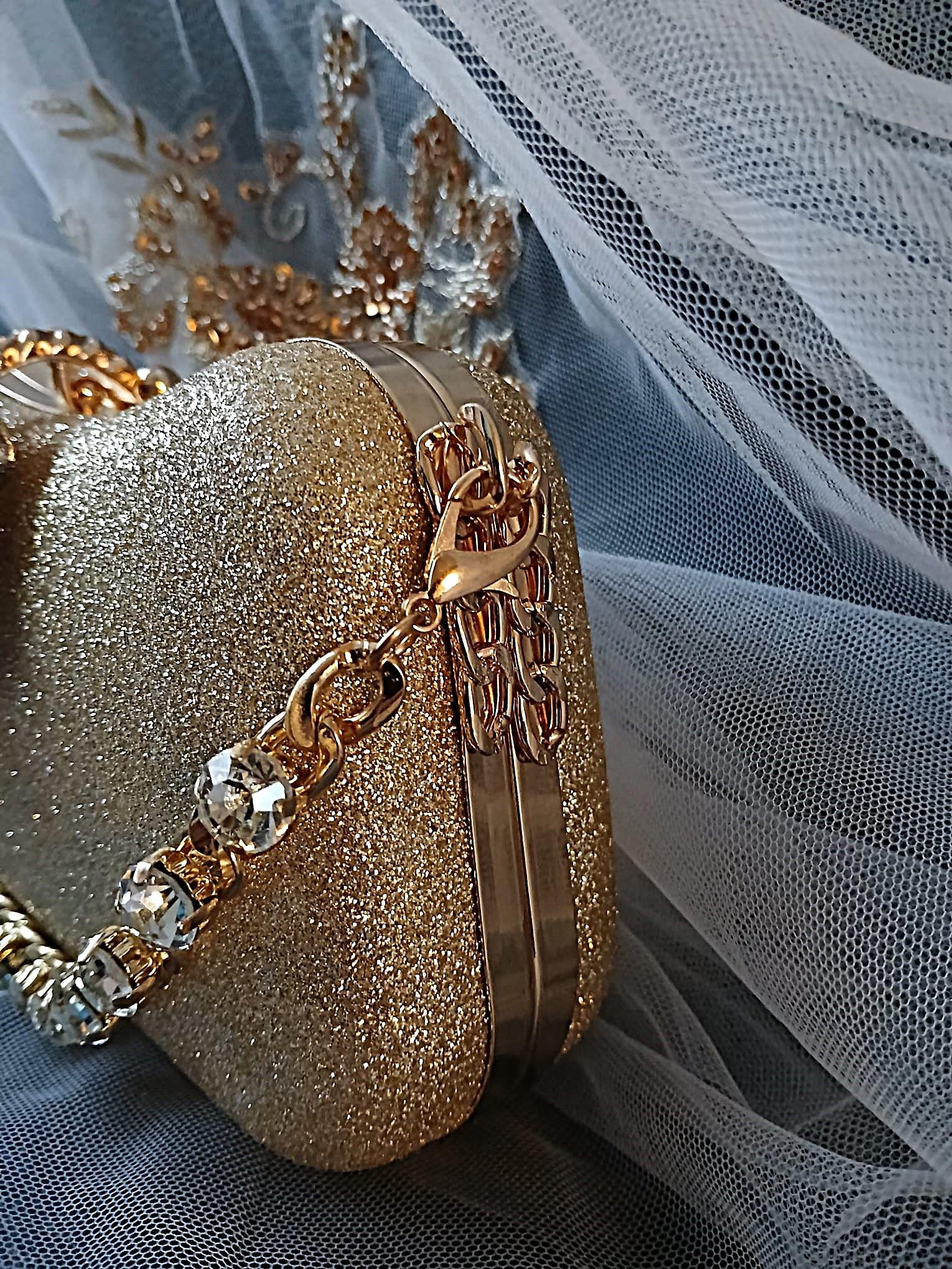 Gold Glitter Evening Clutch: Crystal Handle Bridal Handbag