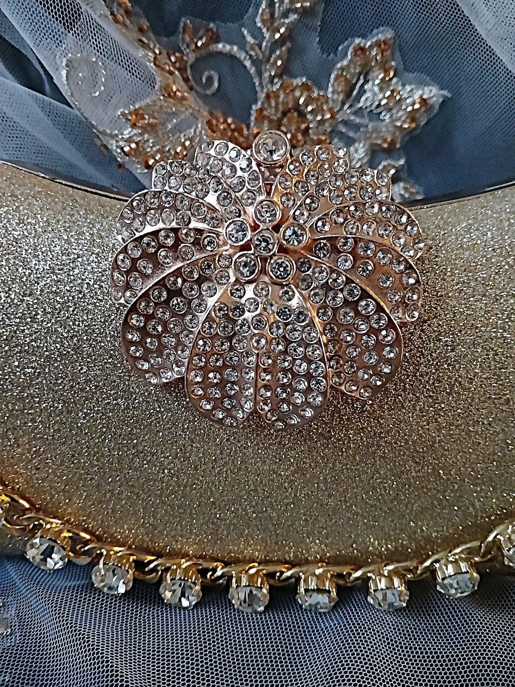 Gold Glitter Evening Clutch: Crystal Handle Bridal Handbag