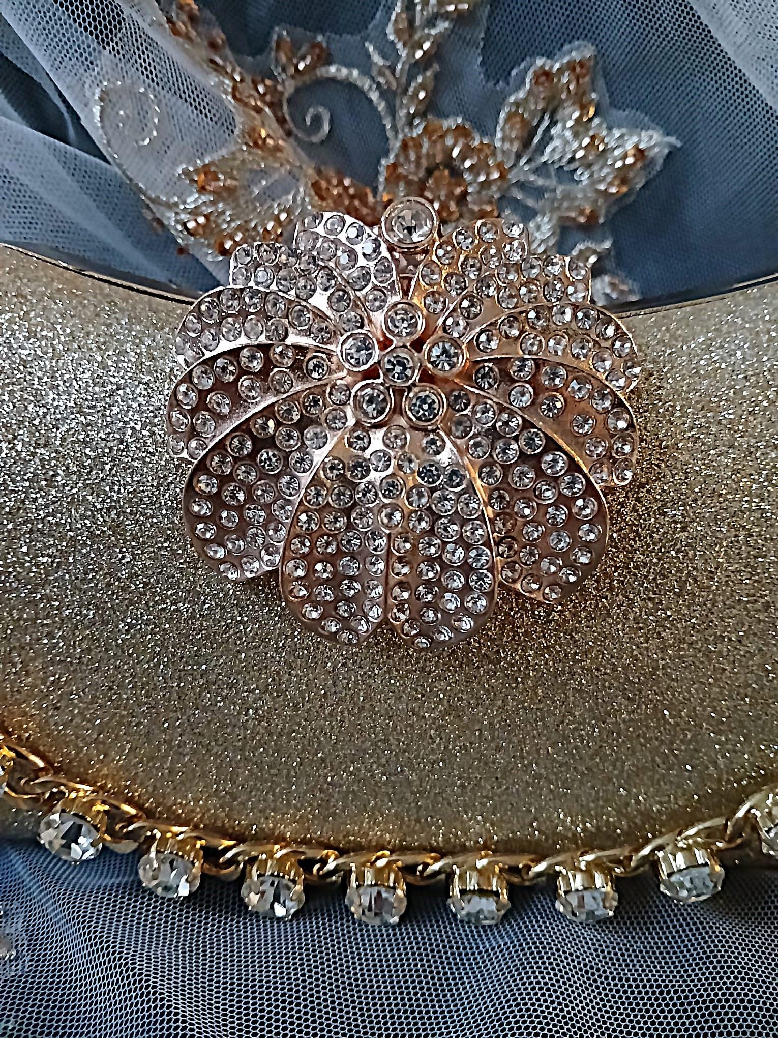 Gold Glitter Evening Clutch: Crystal Handle Bridal Handbag